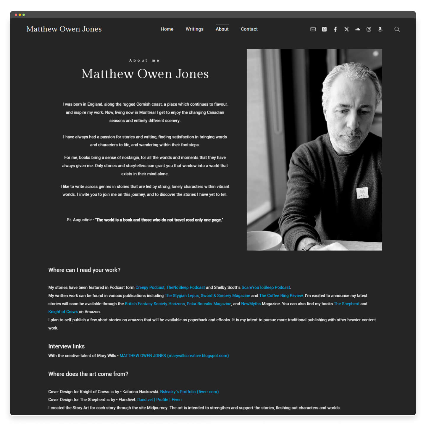 Author bio page on a writing portfolio built with Pixpa