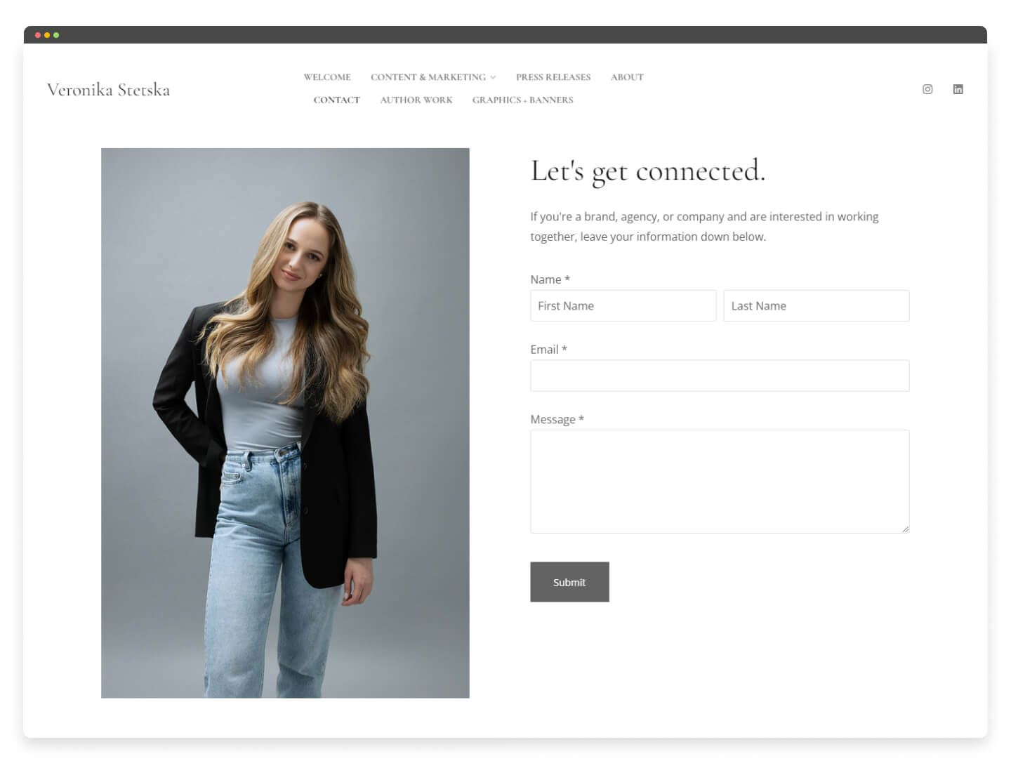 Contact page on a writing portfolio built with Pixpa